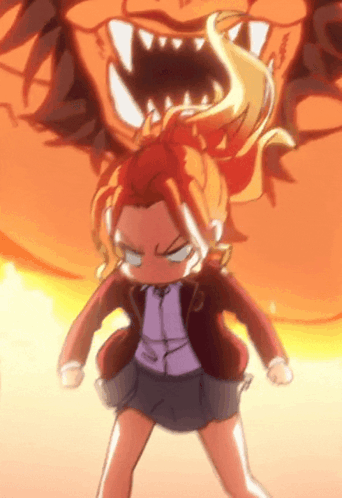 a girl with red hair is standing in front of a monster with its mouth open