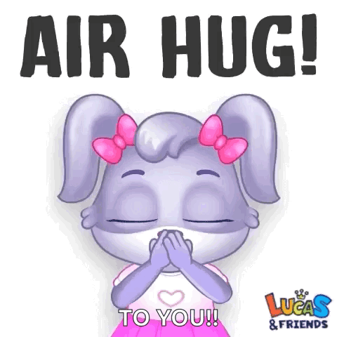 A purple cartoon elephant sends an air hug with the caption “AIR HUG! TO YOU!”