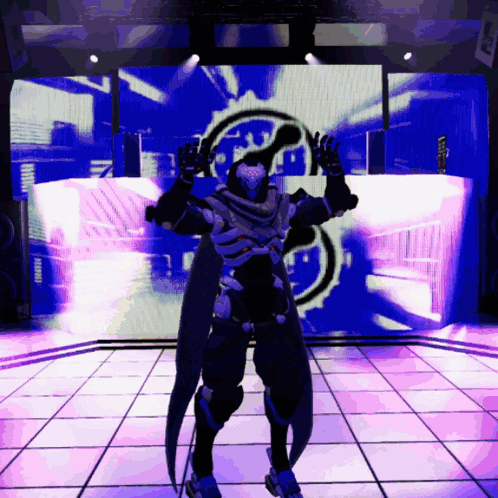 a video game character is standing in front of a large screen