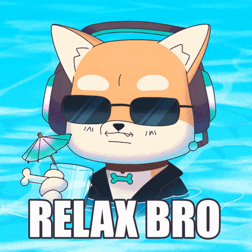 A cartoon shiba dog in sunglasses relaxes by bright blue water, captioned “RELAX BRO.”