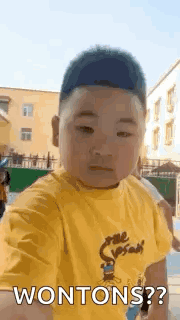 A child in a yellow shirt looks forward with the caption “WONTONS??”