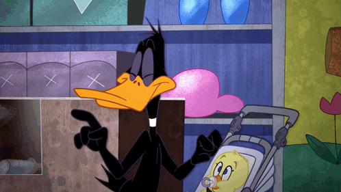 a cartoon duck is standing next to a baby duck in a stroller