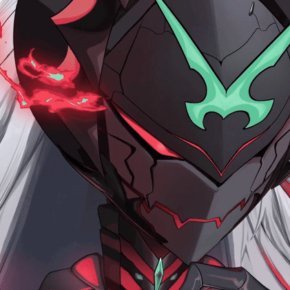 a close up of a cartoon character with red eyes and a green arrow