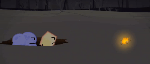 a cartoon of a cloud and a square standing next to a hole in the ground