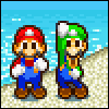 Pixel-art Mario and Luigi stand together in falling snow.