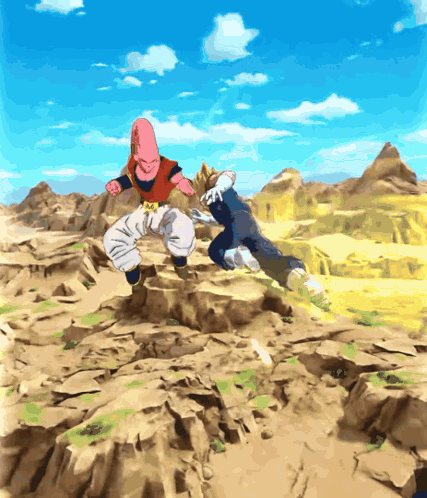 a cartoon of a man and a woman jumping in the air with mountains in the background