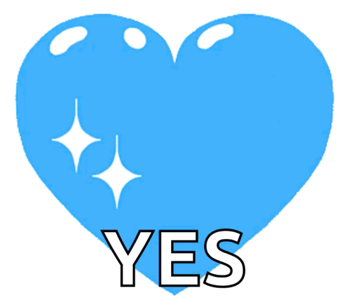 A glossy blue heart sparkles above the word “YES.”