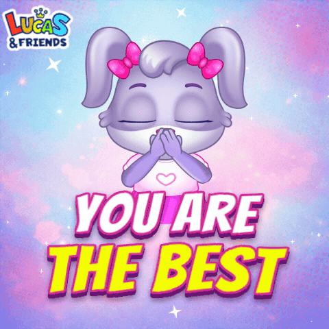 A purple cartoon puppy with pink bows holds a sign reading “You are the best.”