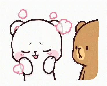 Two blushing cartoon bears stand together with flowers and “AWWW.”