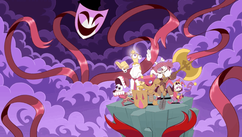a group of cartoon characters standing on top of a rock with a purple background