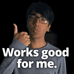 a man with glasses giving a thumbs up with the words works good for me behind him