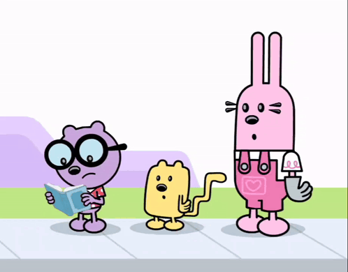 a cartoon of a purple bear reading a book next to a yellow rabbit and a pink rabbit