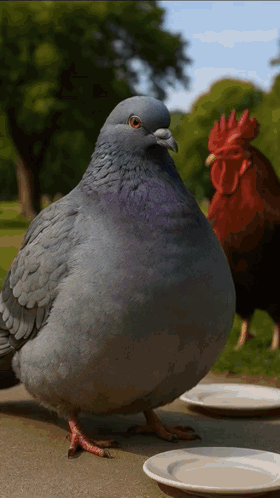 a pigeon standing on a table next to plates and a chicken