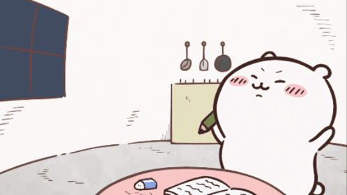 Chiikawa stretches at a table in a gentle, tired cartoon scene.
