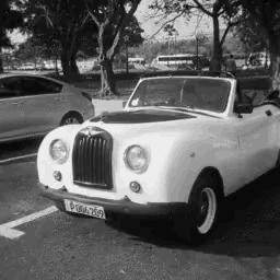 a black and white photo of a white car with a license plate that says p064-259
