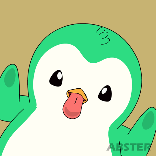 a green and white penguin sticking its tongue out with the abster logo behind it