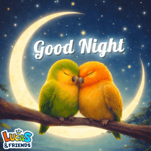 Two lovebirds cuddle on a branch inside a glowing crescent moon with “Good Night.”