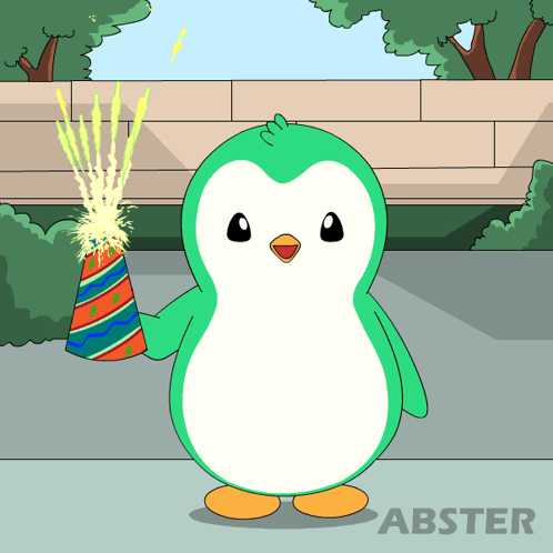 a cartoon of a penguin holding a party hat with the abster logo in the corner