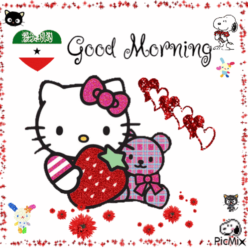 a hello kitty holding a strawberry and a teddy bear with the words good morning
