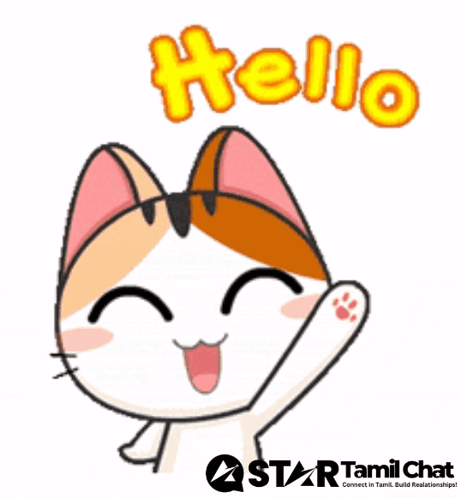 A cartoon calico cat waves beside orange “Hello” text.