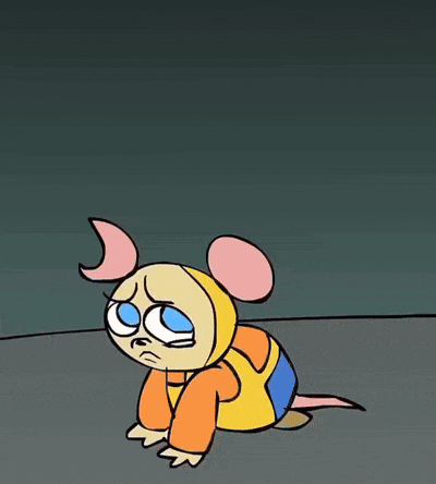 a cartoon mouse is crawling on the ground with a sad look on his face