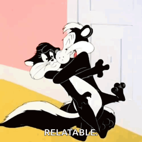a cartoon skunk is holding another skunk in his arms and saying `` relatable '' .
