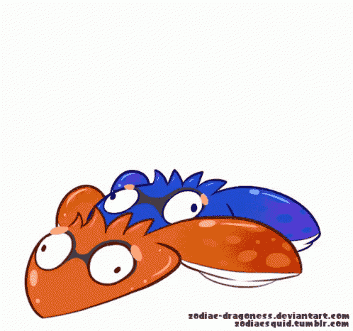 a drawing of a blue jellyfish sitting on top of an orange jellyfish