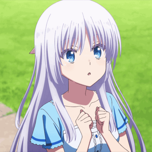 a girl with long white hair and blue eyes is wearing a blue and white dress