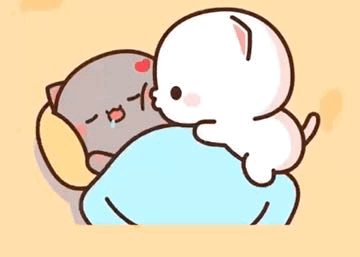 A white cartoon cat cuddles a gray cat under a blue blanket.