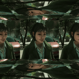 a woman in a green coat is reflected in the mirror