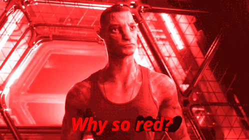 A blue Avatar character in a red-lit corridor asks “Why so red?”