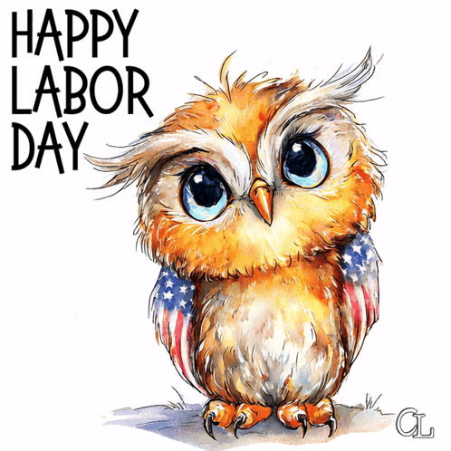 an owl with an american flag around its neck and the words happy labor day behind it