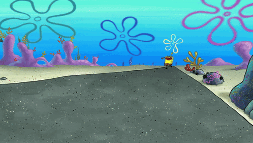 SpongeBob runs away laughing across Bikini Bottom.