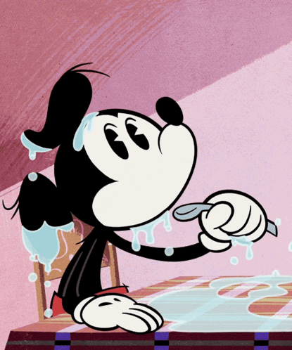 a cartoon drawing of mickey mouse with a spoon in his mouth