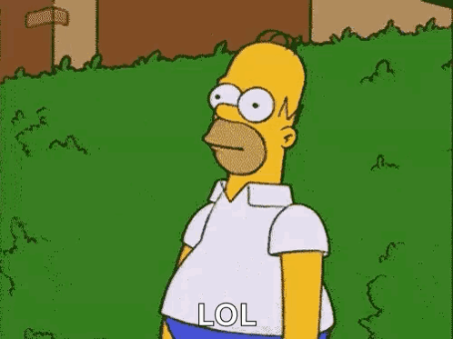 Homer Simpson stands awkwardly in front of green bushes with “LOL” text.