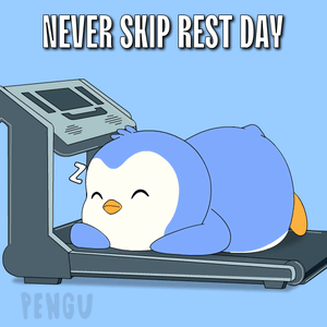 a penguin is sleeping on a treadmill with the words " never skip rest day " above it