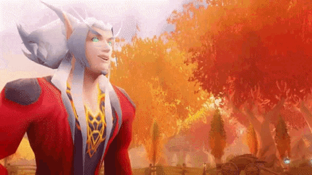 a man in a red jacket and white hair is standing in front of a tree in a video game .