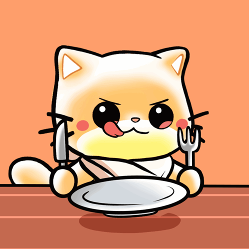 A cheerful orange cartoon cat holds a fork and spoon at a table.