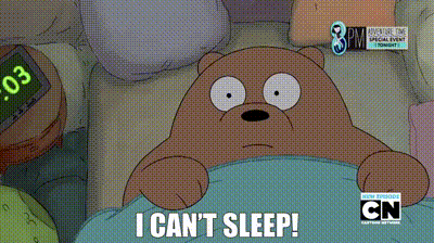 a cartoon bear laying in bed with the words i can t sleep