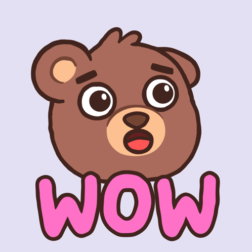 a brown teddy bear with a surprised look on his face and the word wow written in pink
