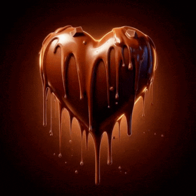 A glossy chocolate heart drips against a dark background.