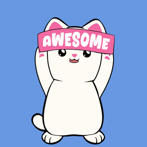 A white cartoon cat holds an “AWESOME” sign overhead.
