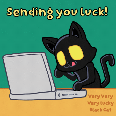 A black cartoon cat works at a computer beneath “Sending you luck!” text.