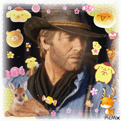 a picture of a man in a cowboy hat is surrounded by stickers and a deer and says picmix at the bottom