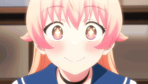 a close up of a girl with pink hair and a choker
