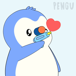 A blue cartoon penguin holds a red heart near its beak.