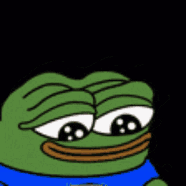 Pepe the Frog smiles with watery eyes against a black background.