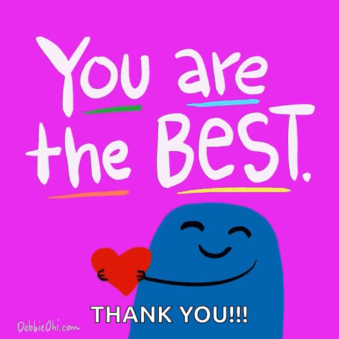 A smiling blue cartoon face appears on a magenta card reading “You are the BEST. THANK YOU!!!”