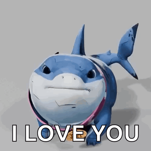 a cartoon shark says i love you in front of a gray background