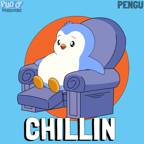 A blue penguin reclines in a chair with “CHILLIN” across the image.